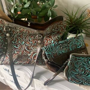 Patricia Nash Brown and Turquoise Tooled Leather Tote with Matching Wristlets